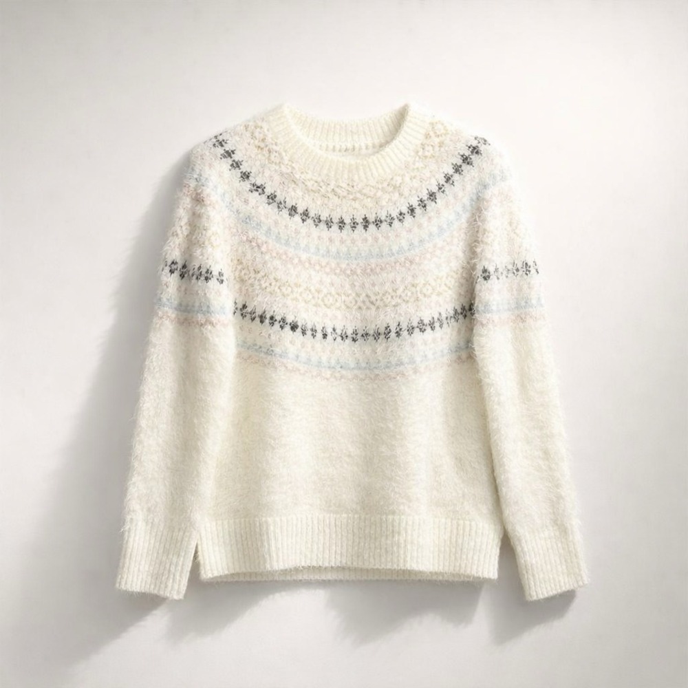 Tribal Jeans Womens Fair Isle Eyelash Knit Sweater Cream Pastel Fuzzy Pullover S